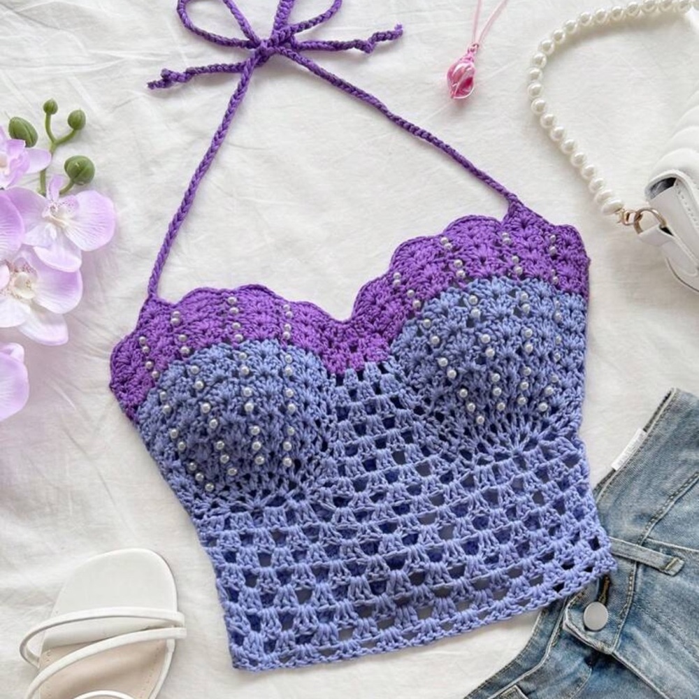Soleia Elegant Boho Tropical Spaghetti Strap Crochet Top With Pearl Decoration,